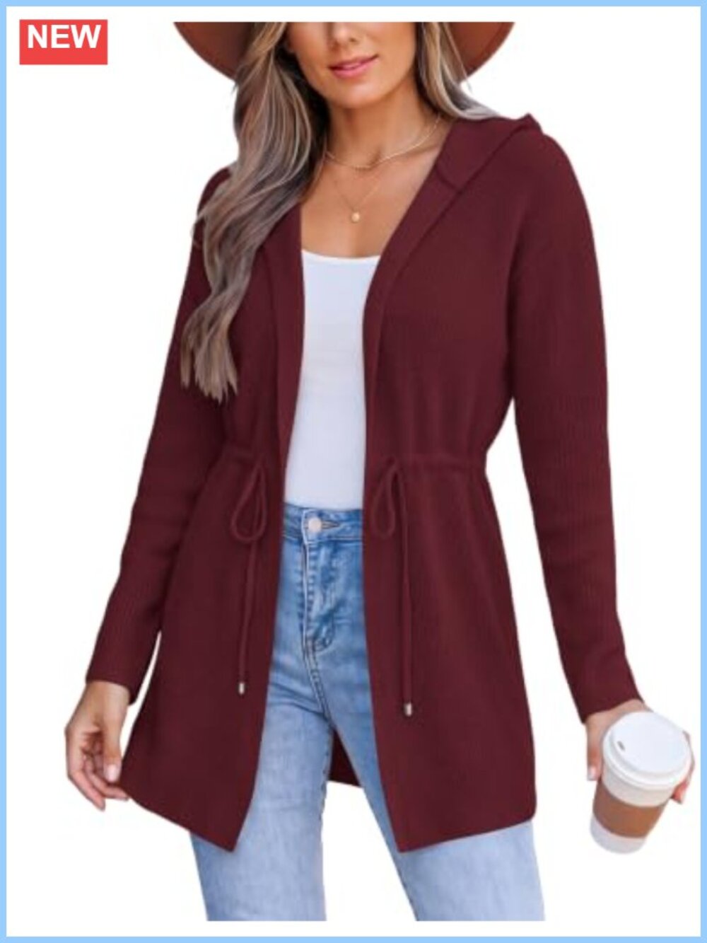 Womens Hooded Cable Knit Cardigan Drawstring Waist Sweater